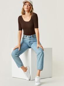 SHEIN BASICS Body algodón de cuello redondo unicolor ajustado - Marrón Chocolate - Ver 5