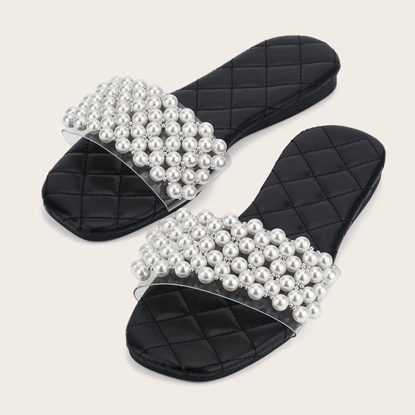 

Faux Pearl Decor Quilted Slide Sandals, Black