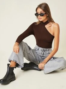 SHEIN BASICS One Shoulder Skinny Bodysuit - Coffee Brown - View 4