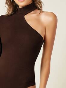 SHEIN BASICS One Shoulder Skinny Bodysuit - Coffee Brown - View 5