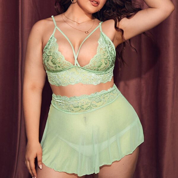 

3pack Plus Floral Lace Lingerie Set With Skirt, Mint green