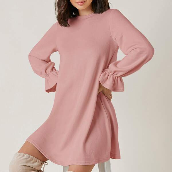 

Flounce Sleeve Solid Dress, Baby pink
