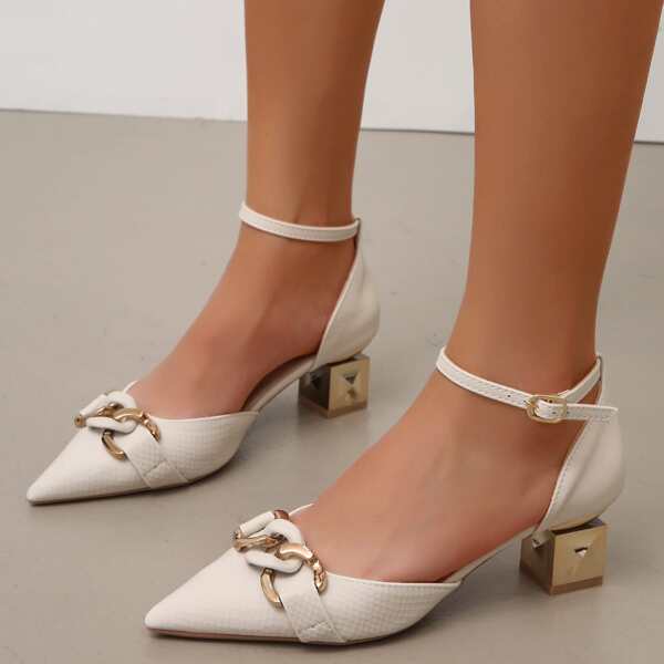 

Chain Decor Ankle Strap Pumps, Beige