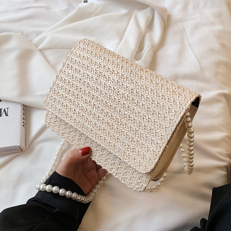 

Faux Pearl Beaded Straw Bag, Beige