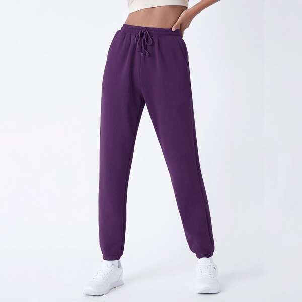 

Drawstring Waist Slant Pocket Solid Fleece Joggers, Purple