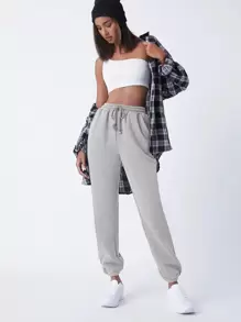 SHEIN BASICS 含棉腰部抽繩斜口袋素色搖粒絨束腳褲 - 淺灰色 - 查看 1
