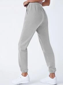 SHEIN BASICS 含棉腰部抽繩斜口袋素色搖粒絨束腳褲 - 淺灰色 - 查看 2