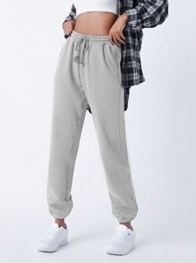 SHEIN BASICS 含棉腰部抽繩斜口袋素色搖粒絨束腳褲 - 淺灰色 - 查看 3