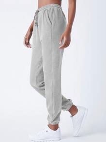 SHEIN BASICS 含棉腰部抽繩斜口袋素色搖粒絨束腳褲 - 淺灰色 - 查看 5