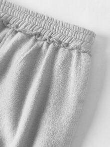 SHEIN BASICS 含棉腰部抽繩斜口袋素色搖粒絨束腳褲 - 淺灰色 - 查看 6