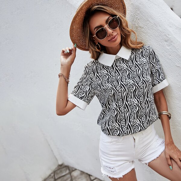

Zebra Striped Contrast Collar Blouse, Black and white