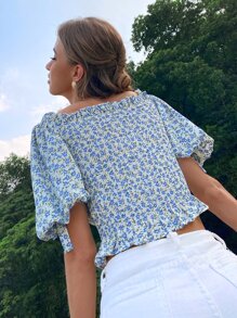 SHEIN Unity 小碎花燈籠袖打褶襯衫 - 藍白色 - 查看 2