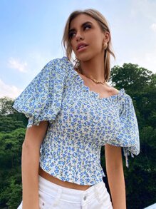 SHEIN Unity 小碎花燈籠袖打褶襯衫 - 藍白色 - 查看 3