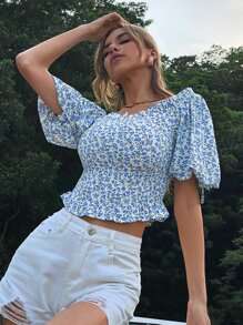 SHEIN Unity 小碎花燈籠袖打褶襯衫 - 藍白色 - 查看 4