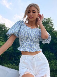 SHEIN Unity 小碎花燈籠袖打褶襯衫 - 藍白色 - 查看 5