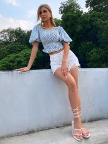 SHEIN Unity 小碎花燈籠袖打褶襯衫 - 藍白色 - 查看 7