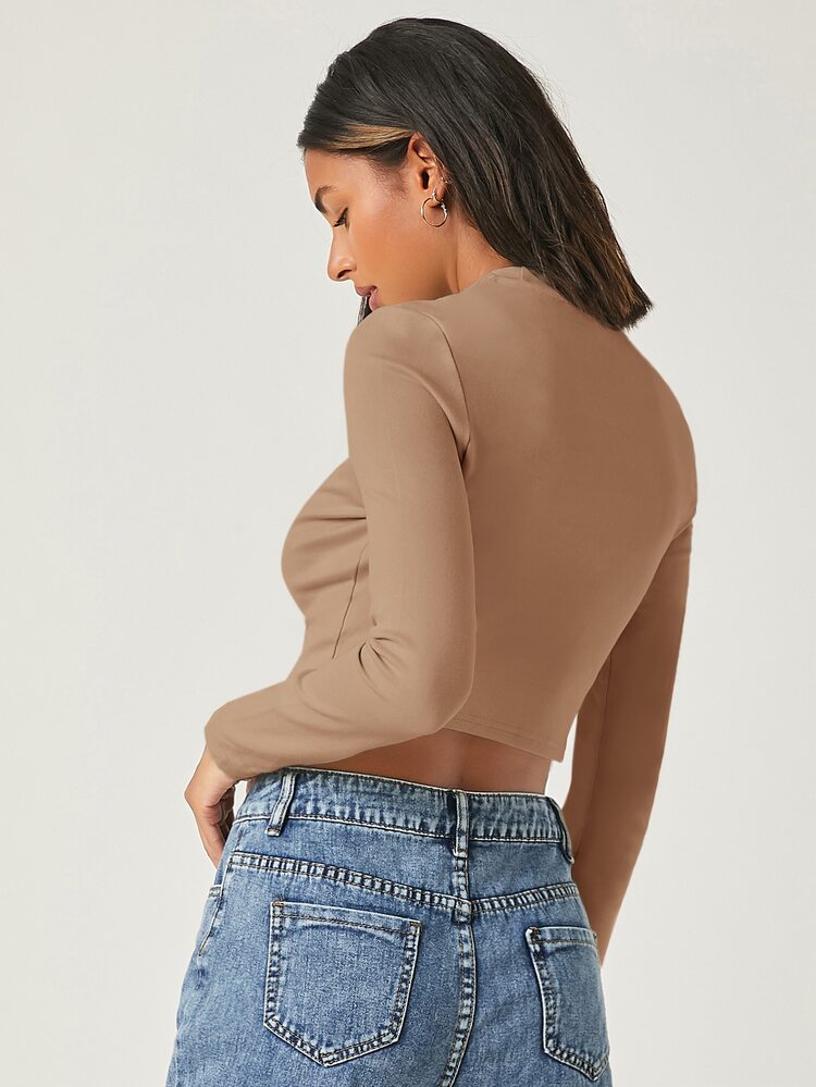 SHEIN BASICS Solid Crop Tee - Khaki - View 2