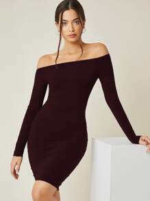 SHEIN BASICS Solid Off Shoulder Bodycon Dress - Maroon - View 1
