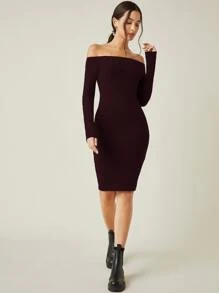 SHEIN BASICS Solid Off Shoulder Bodycon Dress - Maroon - View 3