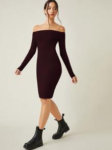 SHEIN BASICS Solid Off Shoulder Bodycon Dress - Maroon - View 4