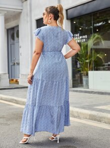 SHEIN Holidaya Vestido con vuelos y estampado floral pequeño para tallas grandes - Celeste - Ver 2
