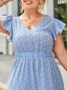 SHEIN Holidaya Vestido con vuelos y estampado floral pequeño para tallas grandes - Celeste - Ver 5