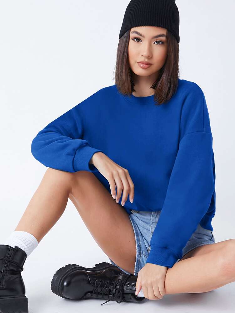 SHEIN BASICS Drop Shoulder Fleece Pullover - Blue - View 1