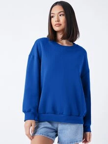 SHEIN BASICS Pullover de hombros caídos forro polar - Azul - Ver 3