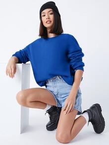 SHEIN BASICS Pullover de hombros caídos forro polar - Azul - Ver 5