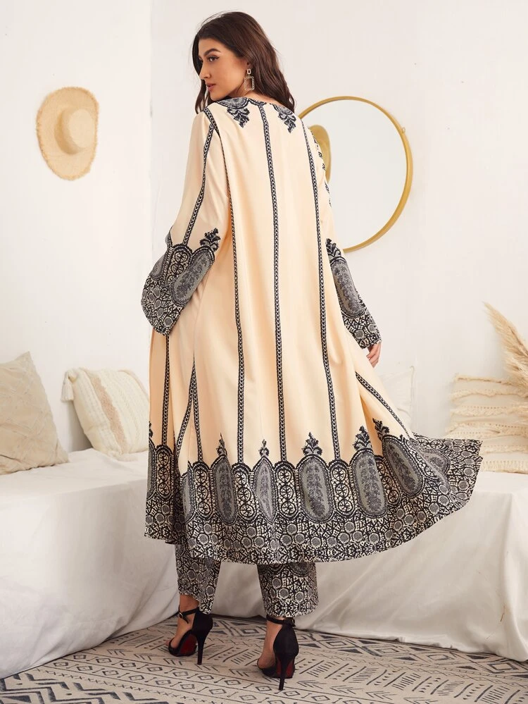 Open Front Graphic Print Tunic Blouse and Pants Set