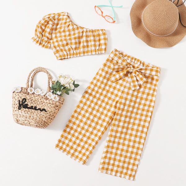 

Toddler Girls Gingham One Shoulder Top & Belted Pants, Yellow