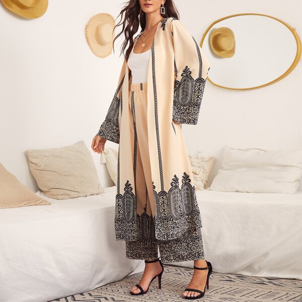 

Open Front Graphic Print Tunic Blouse and Pants Set, Apricot
