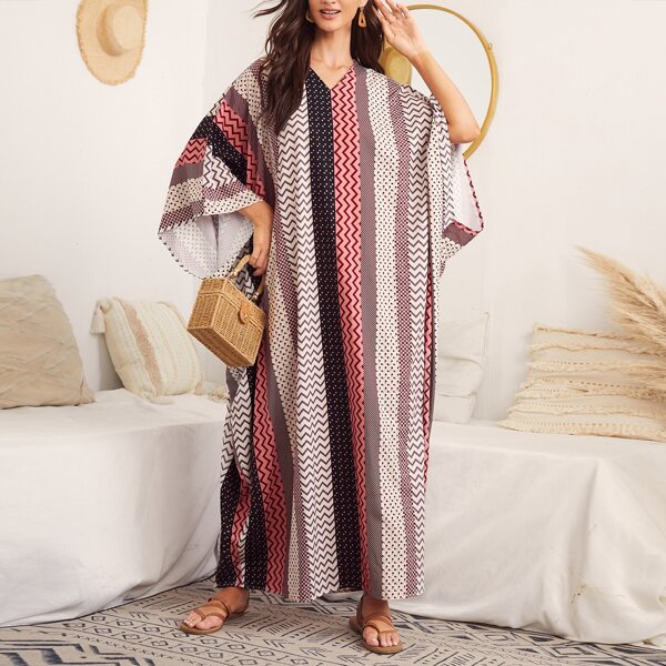 

Batwing Sleeve Graphic Print Kaftan, Multicolor