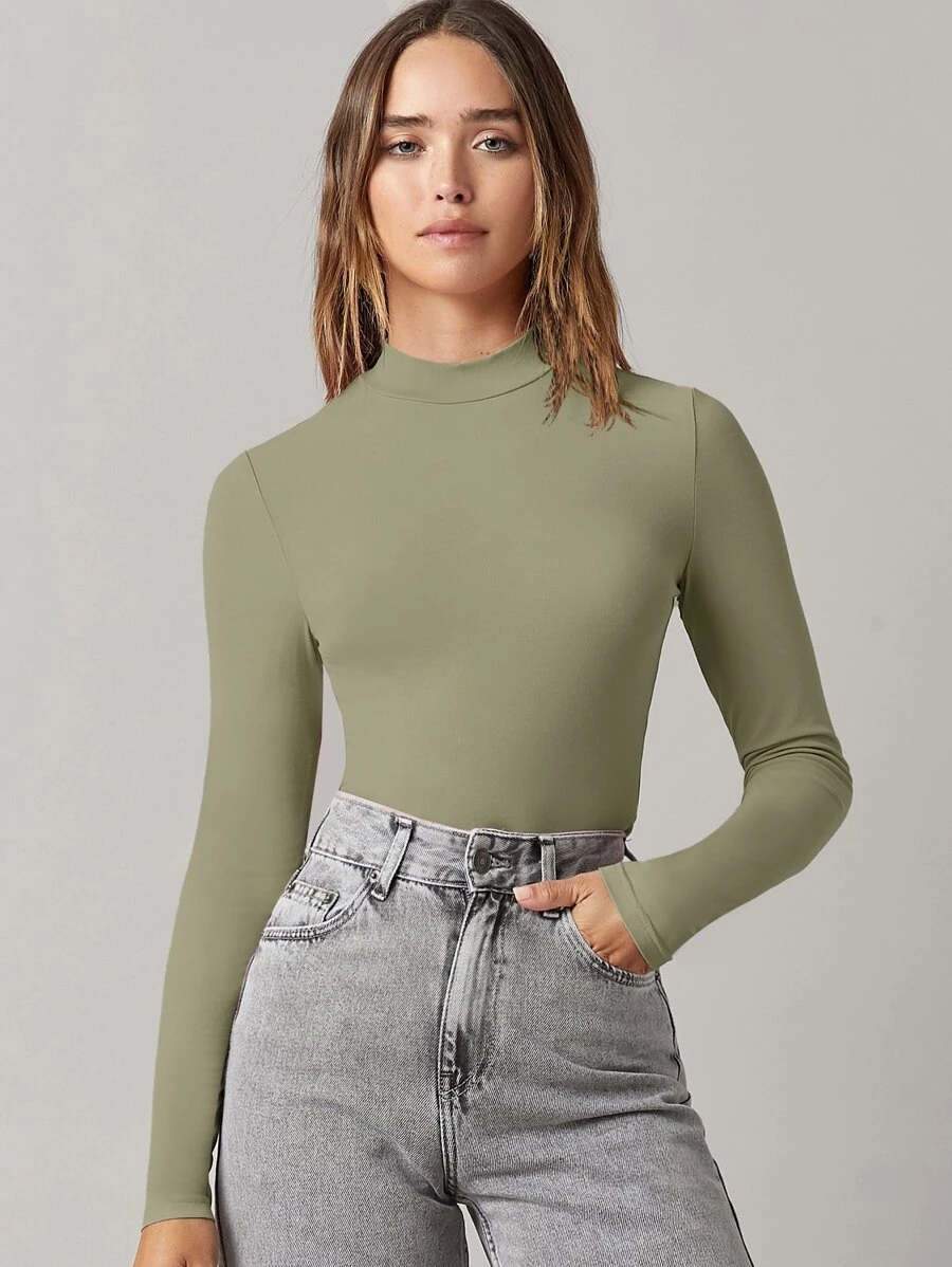 SHEIN BASICS Áo thun màu trơn Giải trí - Màu xanh Ô liu - Xem 1