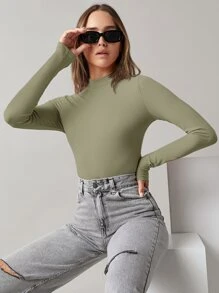 SHEIN BASICS Áo thun màu trơn Giải trí - Màu xanh Ô liu - Xem 4