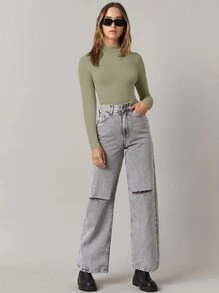 SHEIN BASICS Áo thun màu trơn Giải trí - Màu xanh Ô liu - Xem 5