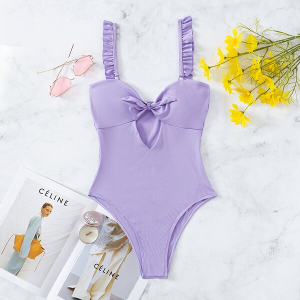 

Rib Ruffle Trim Cut-out Knot One Piece Swimsuit, Lilac purple