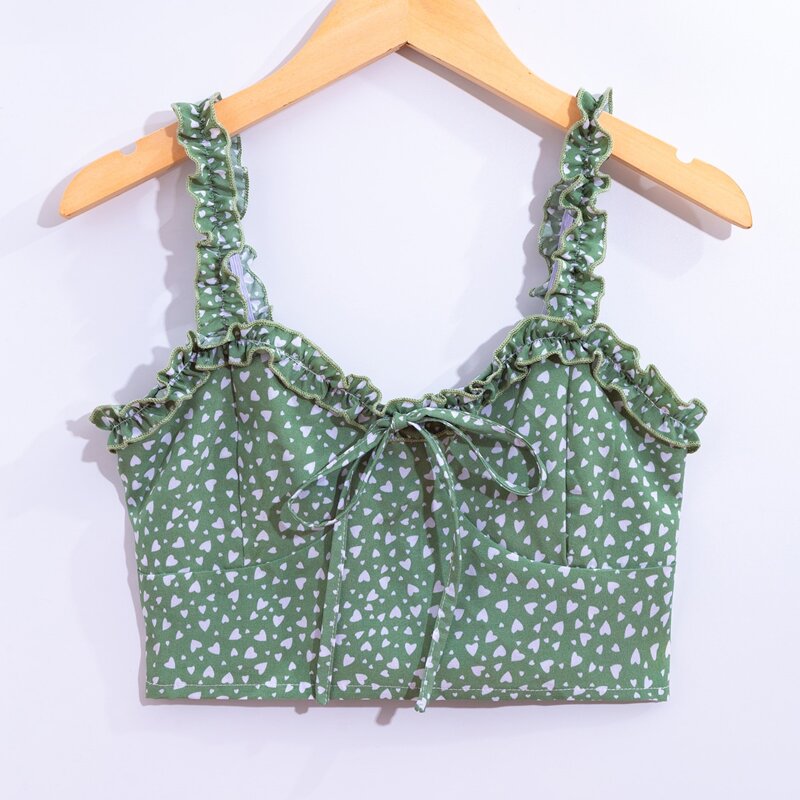 

Heart Print Frill Crop Top, Green