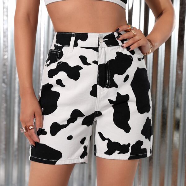 

High Waist Cow Print Denim Shorts, Black and white