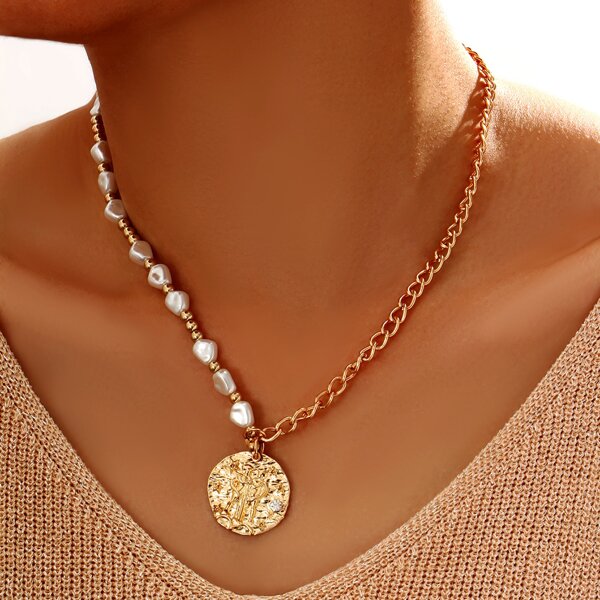 

Disc Charm Faux Pearl Decor Necklace, Gold