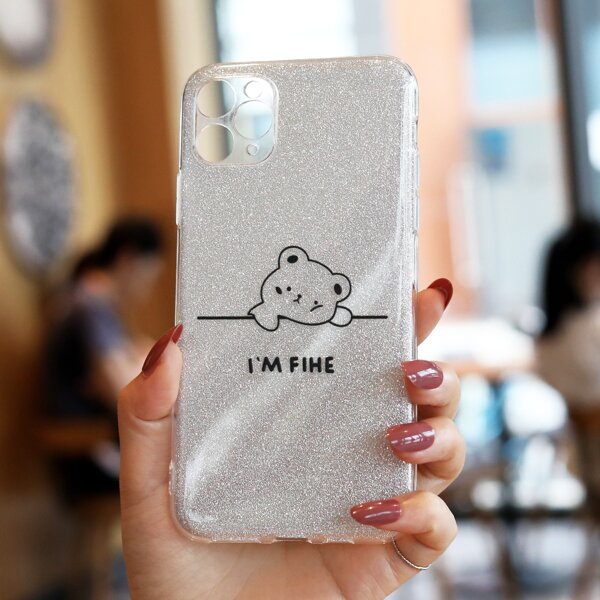 

Cartoon Bear Glitter Phone Case, Black and white