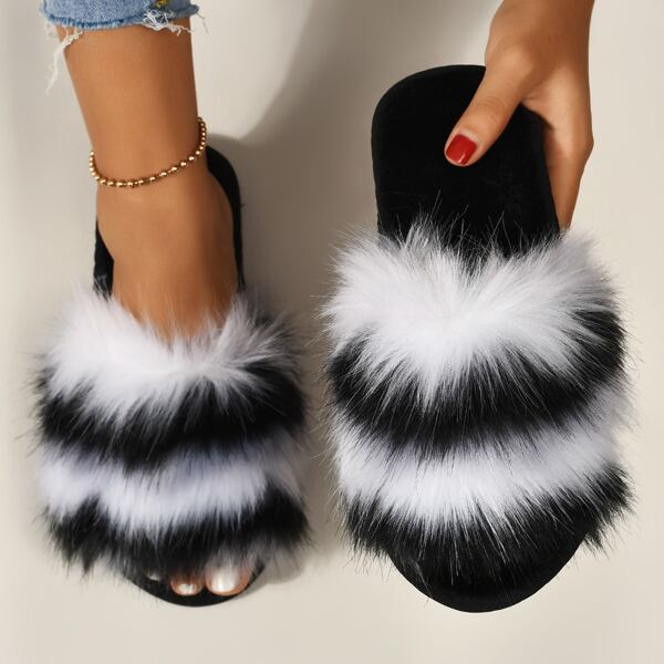 

Two Tone Fluffy Slippers, Black and white