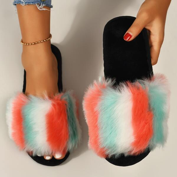 

Open Toe Colorblock Fluffy Slippers, Multicolor