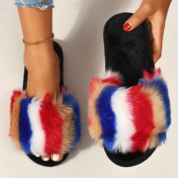 

Open Toe Colorblock Fluffy Slippers, Multicolor