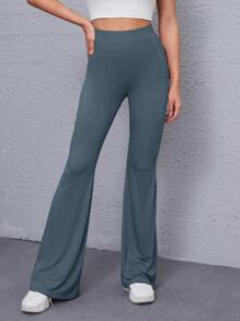 SHEIN Solid High-Rise Flare Trousers - Dark Grey - View 1
