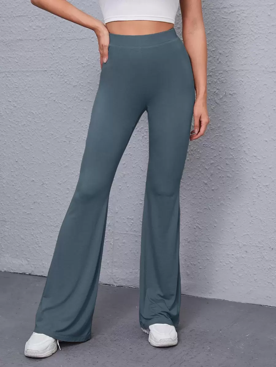 SHEIN Solid High-Rise Flare Trousers - Dark Grey - View 1