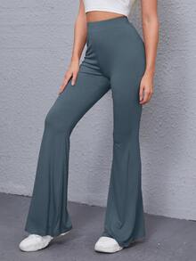 SHEIN Solid High-Rise Flare Trousers - Dark Grey - View 3
