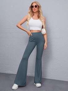 SHEIN Solid High-Rise Flare Trousers - Dark Grey - View 4