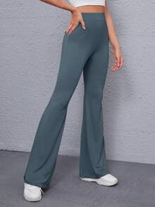 SHEIN Solid High-Rise Flare Trousers - Dark Grey - View 5