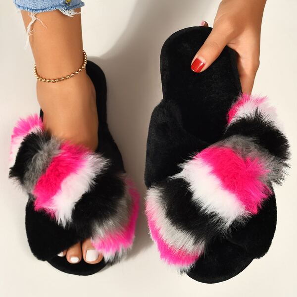 

Open Toe Colorblock Fluffy Slippers, Multicolor